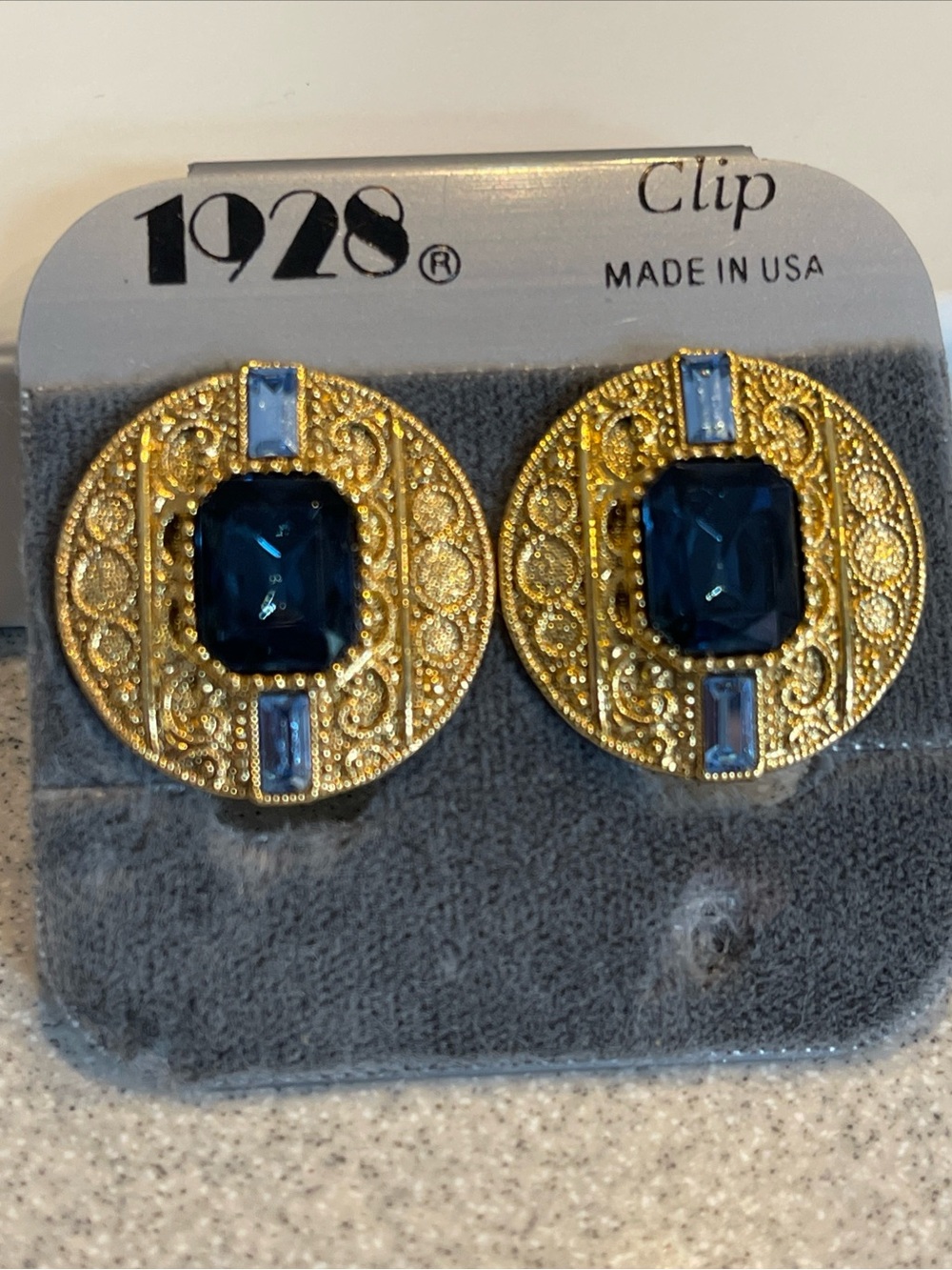 1928 brand Round Clip-on Earrings with navy and light blue glass rhinestones-NWT